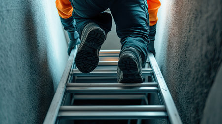 A maintenance worker wearing safety shoes climbing a step ladder to inspect a ceiling vent in a public building.の素材