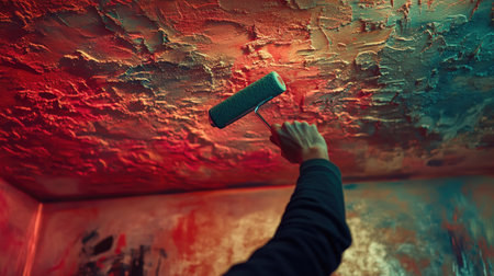 A hand painting a textured ceiling with a roller, evenly spreading a bright coat of paint.の素材