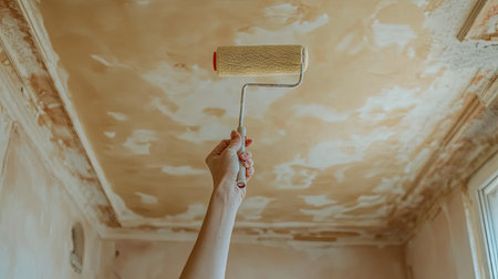 A hand with a paint roller applying beige paint to a ceiling in a cozy room under renovation.の素材