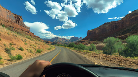 A hand holding the steering wheel while driving through a scenic mountain road, with expansive views visible through the windshield.の素材