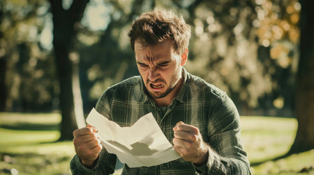 A man in a park clenches his fists in frustration, with a torn piece of paper in his other hand.の素材