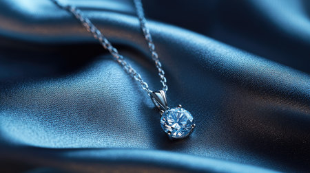 A luxury diamond pendant necklace with a modern design, placed delicately on a fine silk cloth with ambient lighting.の素材