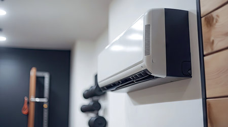 A high-energy fitness studio with a wall-mounted air conditioner keeping athletes comfortable during workouts.の素材