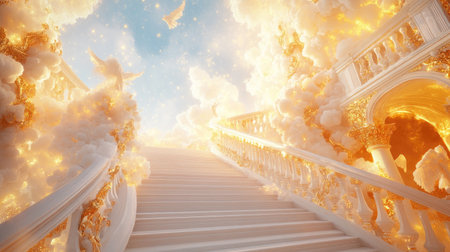 A heavenly white staircase with golden accents ascending into a brilliant sky filled with angelic light.の素材