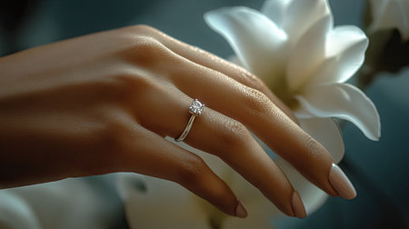 A hand wearing a diamond wedding ring, gently touching the soft petals of a flower, symbolizing elegance.の素材