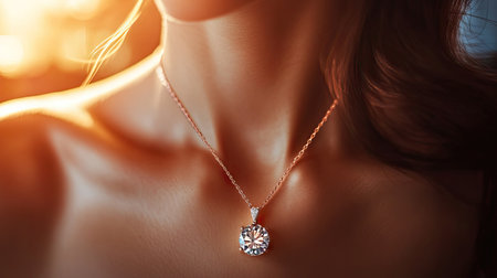 A high-end luxury natural diamond pendant necklace hanging gracefully on a woman's neckline, glowing in soft light.の素材