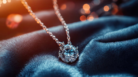 A luxurious diamond pendant necklace resting on a plush velvet surface, with intricate details and light reflections.の素材