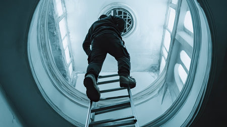 A maintenance worker wearing safety shoes climbing a step ladder to inspect a ceiling vent in a public building.の素材