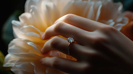 A hand wearing a diamond wedding ring, gently touching the soft petals of a flower, symbolizing elegance.の素材