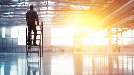 A man wearing safety shoes climbs a sturdy step ladder in a bright, well-lit industrial warehouse.の素材