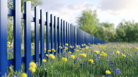 A modern bleu aluminum fence in a wildflower meadow, with soft natural light and a distant forest in the background.の素材