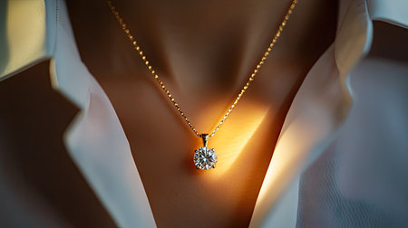A luxury natural diamond pendant hanging elegantly from a gold chain, resting on a woman's neck with a glowing background.の素材