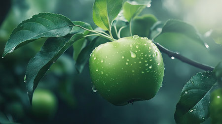 A juicy green apple on a branch with droplets of water, surrounded by glossy green leaves.の素材