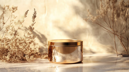 A luxurious golden pedestal with a polished surface, perfectly displaying a premium product against a neutral, soft-focus background.の素材