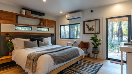 A modern Airbnb rental with a wall-mounted air conditioner as a feature for guest comfort.の素材