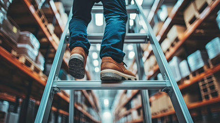 A man wearing safety shoes climbs a sturdy step ladder in a bright, well-lit industrial warehouse.の素材