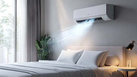 A modern Airbnb rental with a wall-mounted air conditioner as a feature for guest comfort.の素材