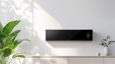 A high-tech air conditioner unit with a digital display mounted on a pristine white wall in a luxury home.の素材