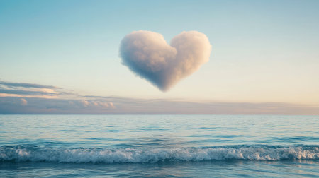 A heart cloud floating over a calm ocean horizon with gentle waves below.の素材