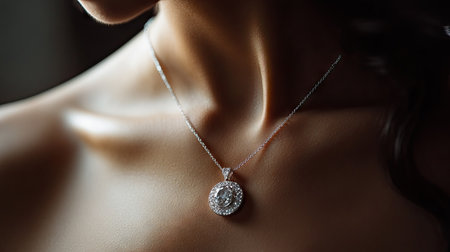 A high-end diamond pendant necklace sparkling on a woman's chest, captured in soft-focus lighting.の素材