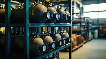 A metal rack holding multiple compressed gas tanks in a factory's storage section.の素材