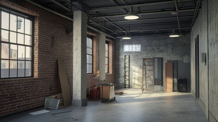 A modern loft-style interior under renovation, featuring exposed brick walls and industrial lighting.の素材