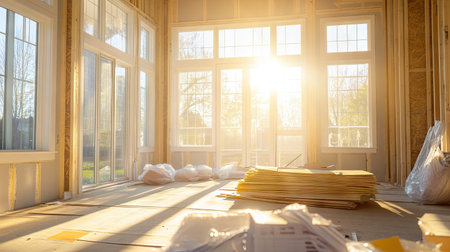 A home with newly installed windows, piles of construction materials, and sunlight streaming in.の素材