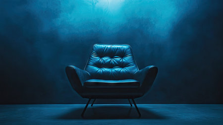A modern leather chair bathed in moody blue lighting, surrounded by deep darkness.の素材