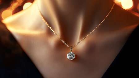 A luxury natural diamond pendant hanging elegantly from a gold chain, resting on a woman's neck with a glowing background.の素材