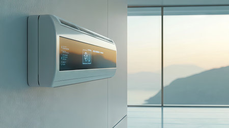 A high-tech air conditioner unit with a digital display mounted on a pristine white wall in a luxury home.の素材