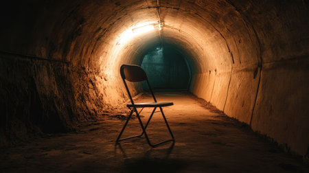 A metal folding chair in a dark underground tunnel, barely visible in the low light.の素材