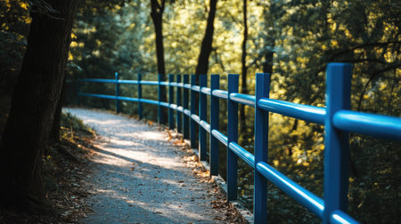 A modern bleu aluminum fence standing beside a walking trail in a forest, with sunlight casting soft shadows through the trees.の素材