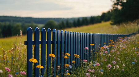 A modern bleu aluminum fence in a wildflower meadow, with soft natural light and a distant forest in the background.の素材