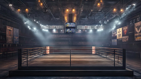 A large empty boxing ring in a professional arena with banners and scoreboards overhead.の素材