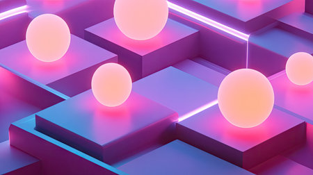 A high-contrast image of luminous neon spheres placed on geometric platforms.の素材