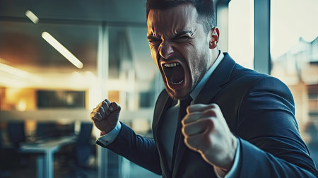 A man in a business suit clenches his fist tightly in frustration while standing in a modern office.の素材