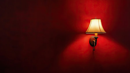 A lonely wall lamp on a deep red wall, spreading soft, moody light.の素材
