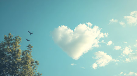 A heart cloud forming naturally in a clear blue sky with a few birds flying by.の素材