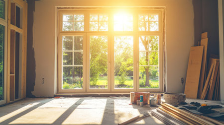 A home with newly installed windows, piles of construction materials, and sunlight streaming in.の素材