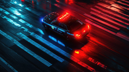 A lone police car with red and blue lights on, positioned at the intersection of a dark city street, with minimal traffic.の素材