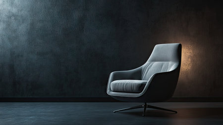 A modern designer chair stands alone in a dark photography studio, dramatic lighting from one side.の素材