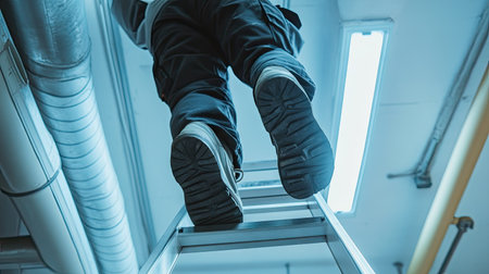 A maintenance worker wearing safety shoes climbing a step ladder to inspect a ceiling vent in a public building.の素材