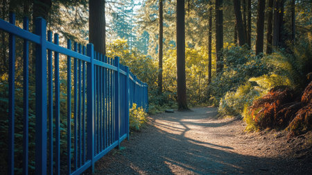 A modern bleu aluminum fence standing beside a walking trail in a forest, with sunlight casting soft shadows through the trees.の素材