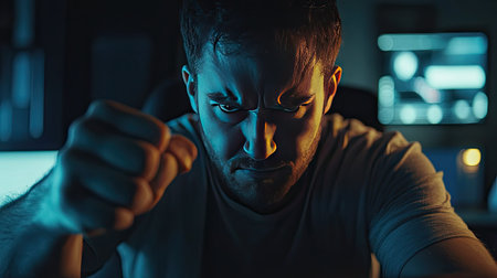 A man in a dark room clenches his fist tightly, illuminated by the glow of a computer monitor.の素材