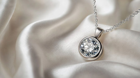 A luxury diamond pendant necklace sparkling in soft natural light, draped over a white fabric background.の素材