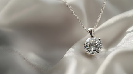 A luxury diamond pendant necklace sparkling in soft natural light, draped over a white fabric background.の素材