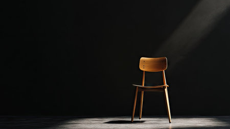 A minimalist wooden chair stands against a black void, subtle rim lighting outlining its shape.の素材