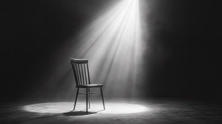 A lone chair sits under a blindingly bright spotlight in an otherwise pitch-dark space.の素材