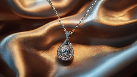 A luxury diamond pendant necklace with a modern design, placed delicately on a fine silk cloth with ambient lighting.の素材