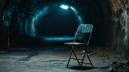 A metal folding chair in a dark underground tunnel, barely visible in the low light.の素材